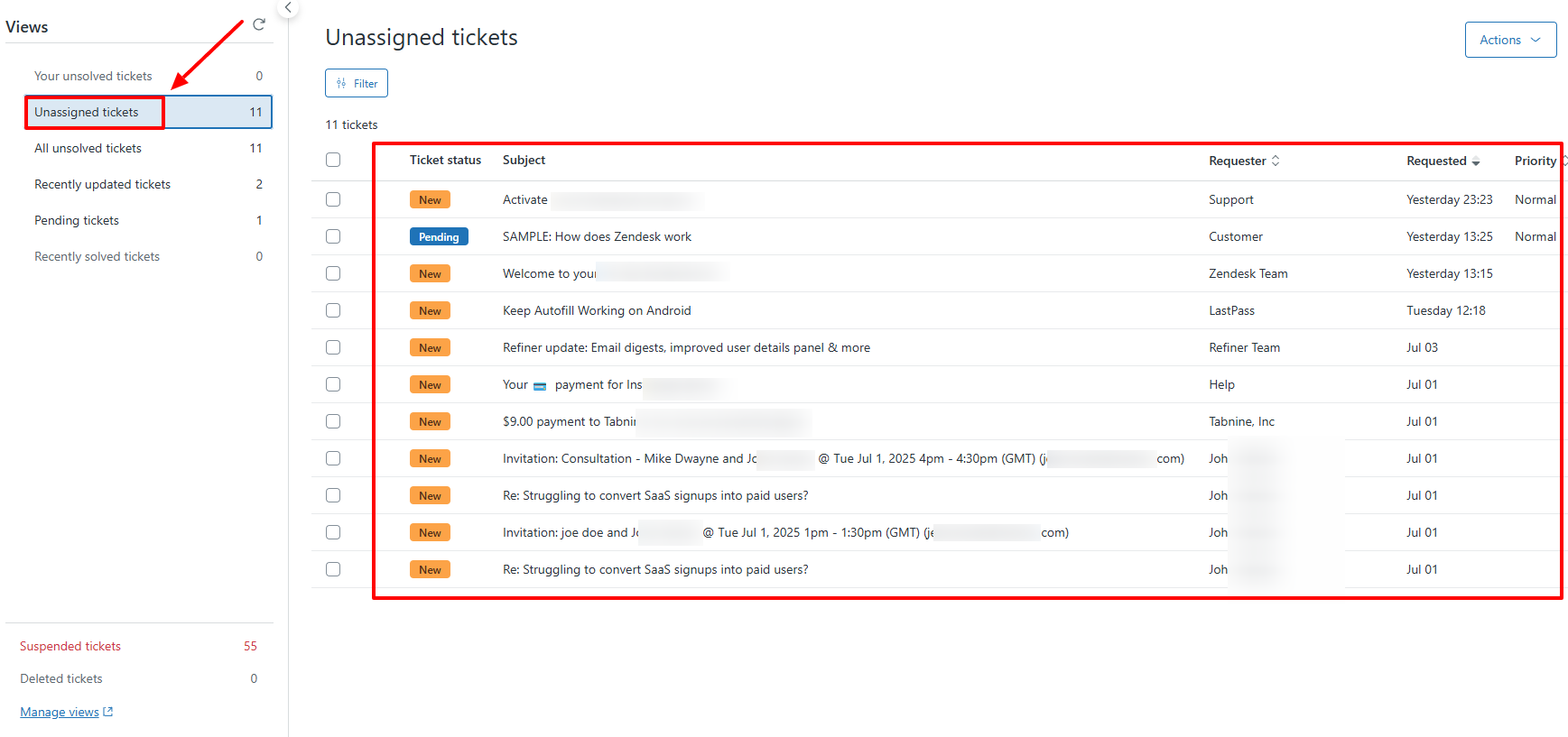 A screenshot displaying a kist of unassigned tickets