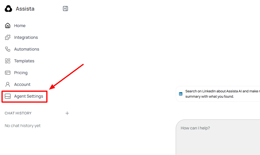 Agent settings menu item is highlighted