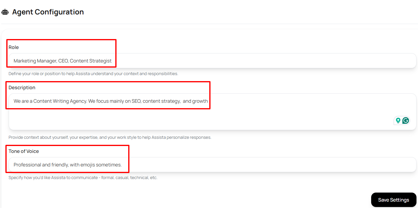 An agent configuration with role description and tone