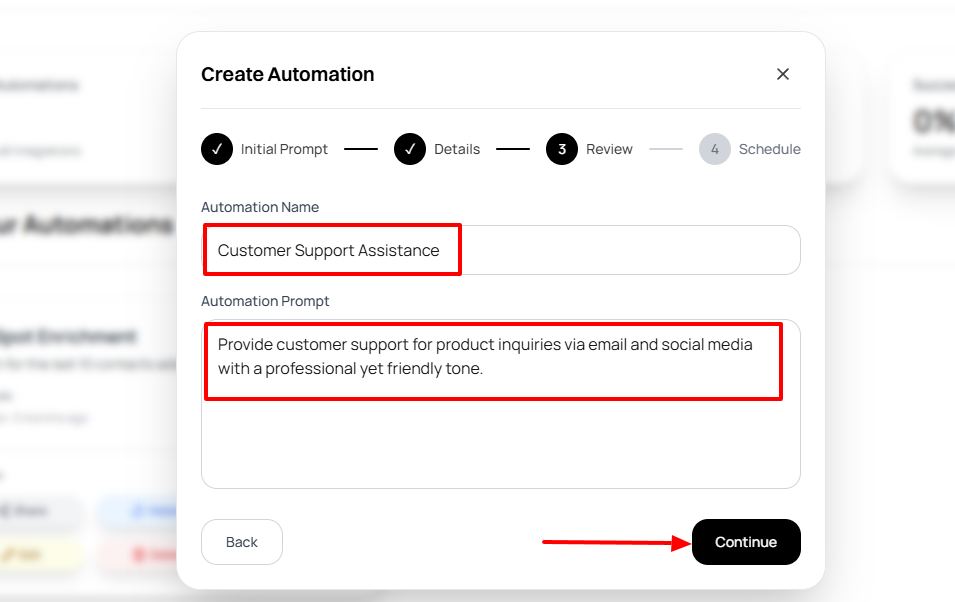An automation named customer support Assistance with a detailed prompt