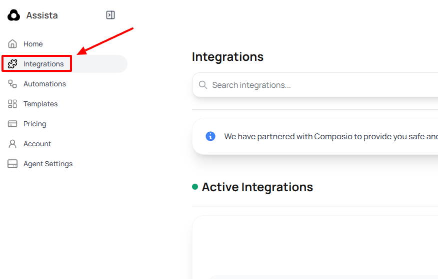 Assista's Integrations menu items is highlighted