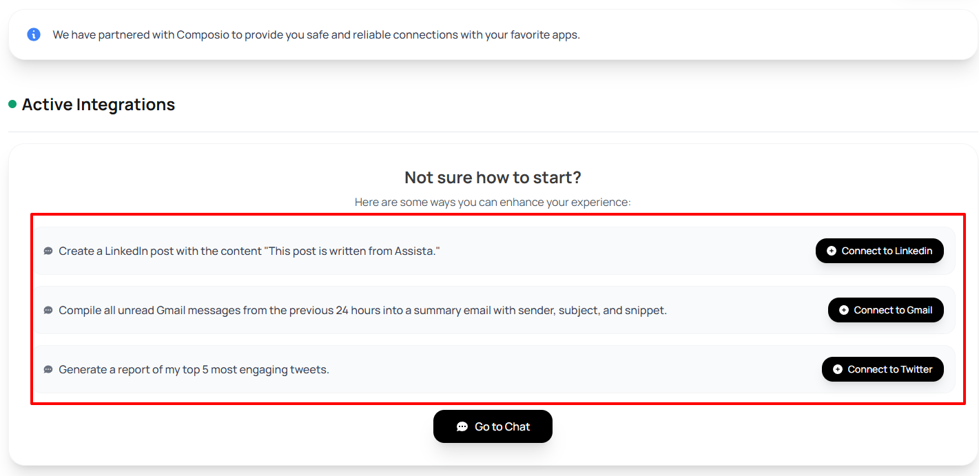 Example prompts for integrations are displayed