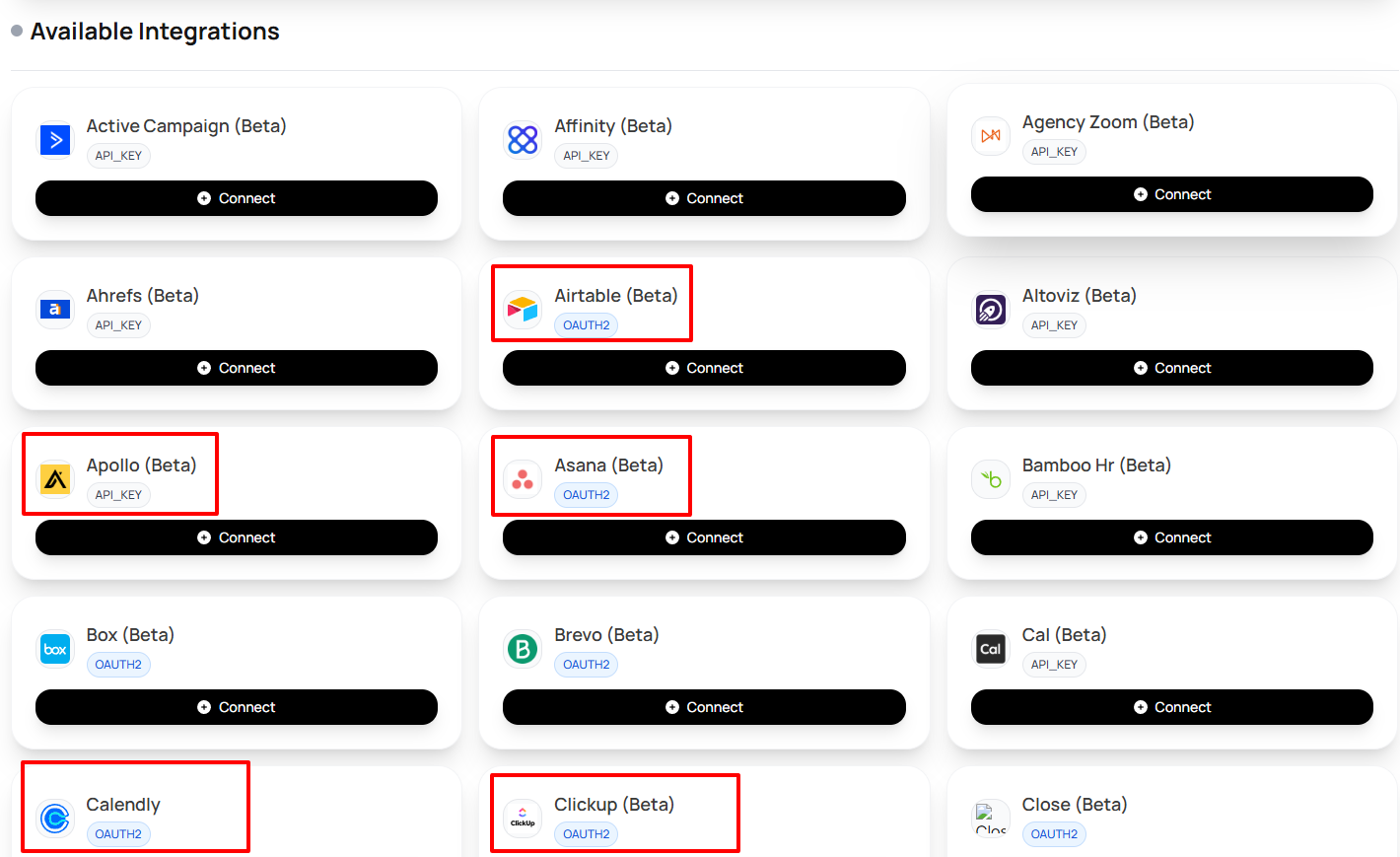 Available integrations including Appollo Airtable and Calendly