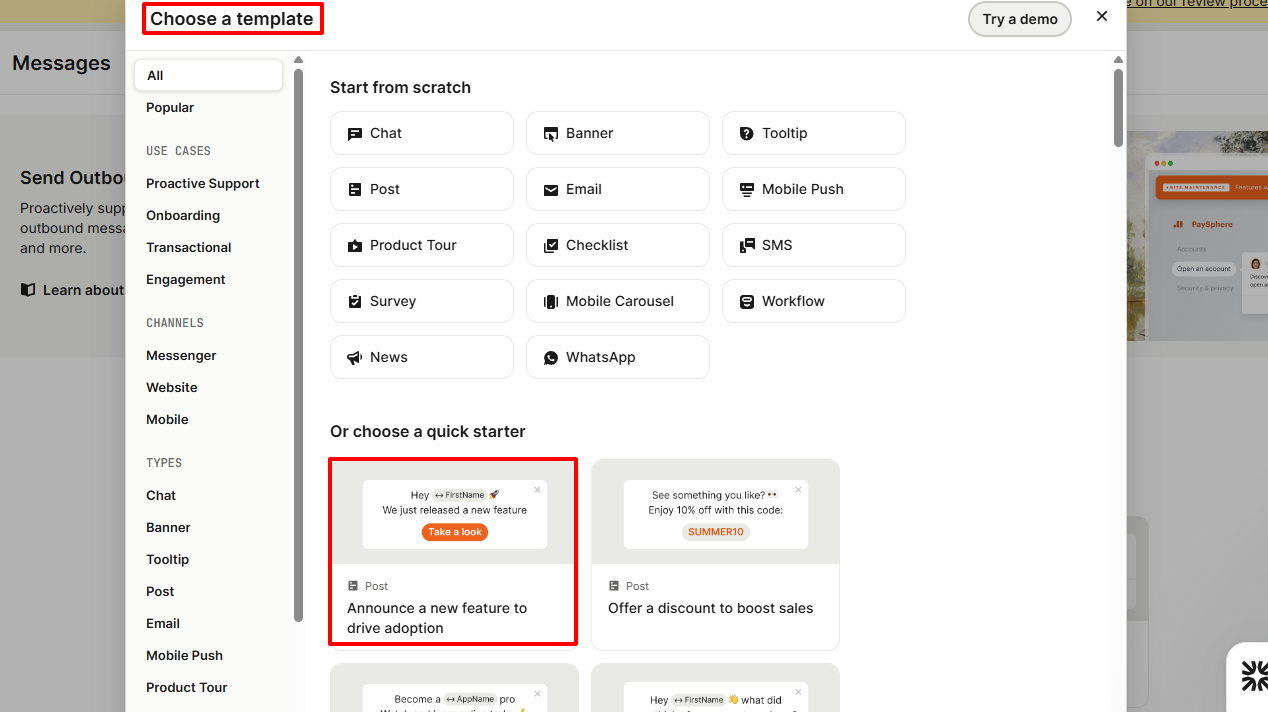 Choosing a template in Intercom Fin