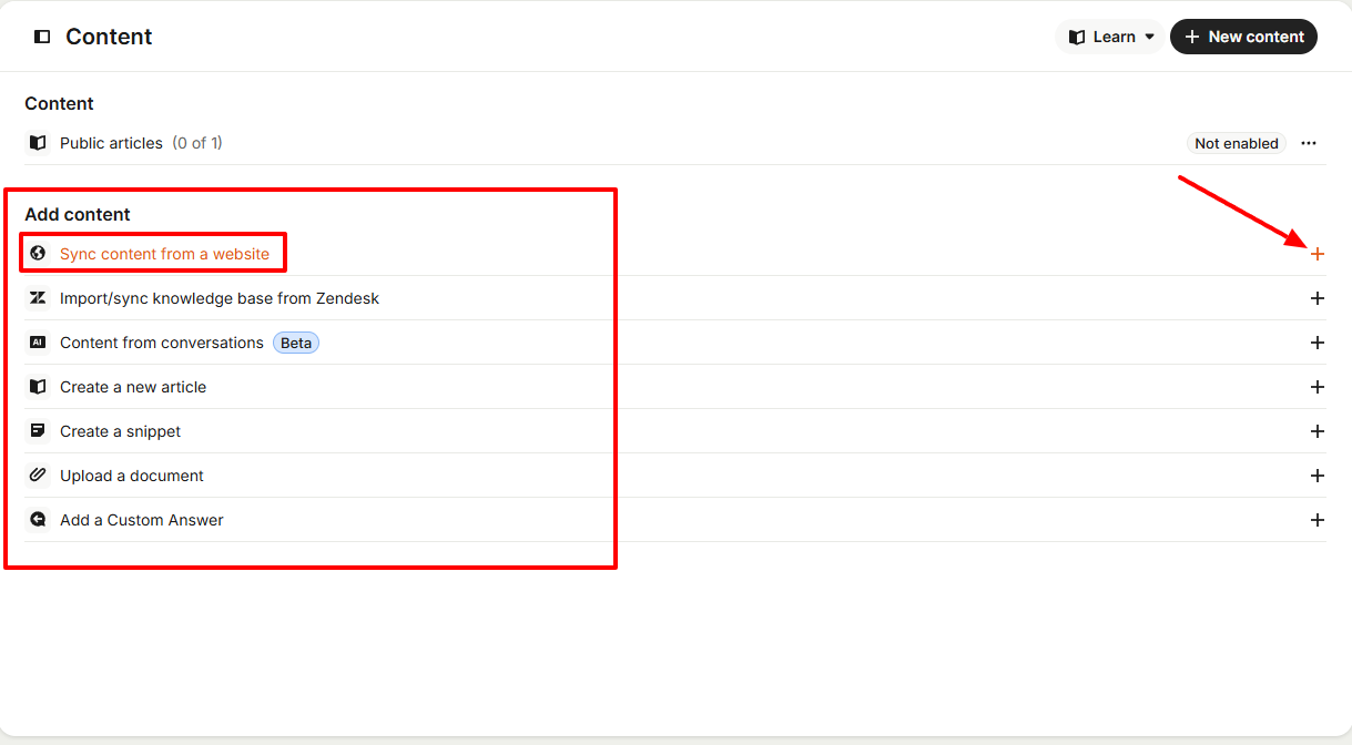 A screenshot showing options to add content from various sources