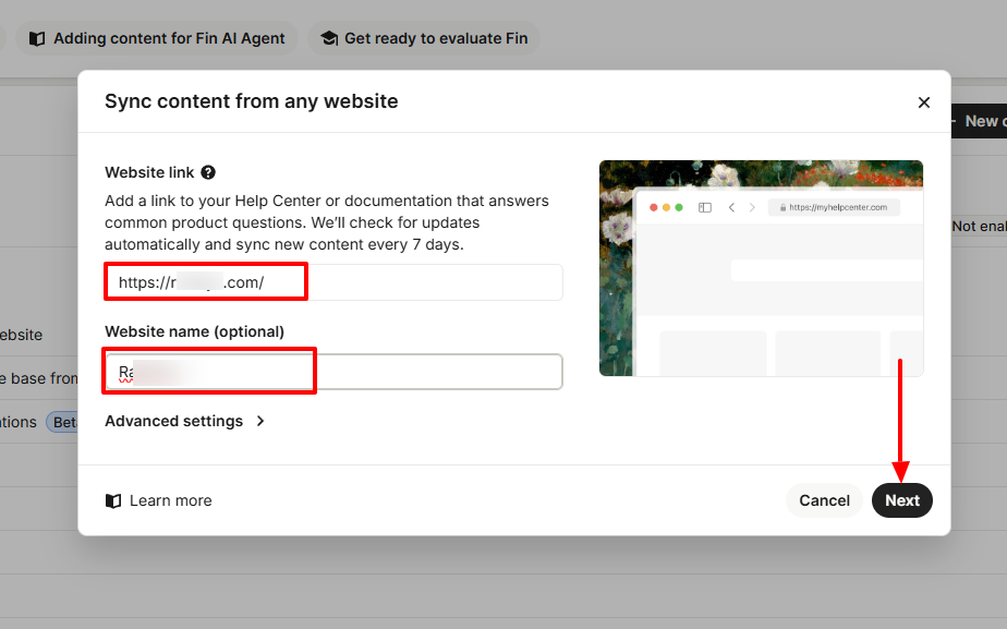 Screenshot showing website details for syncing content