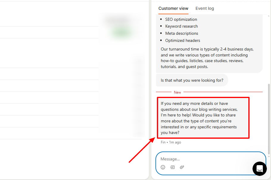 A screenshot showing an AI agent's chat response