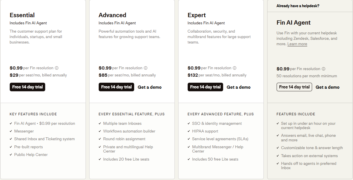 Screenshot showing pricing plans for AI-powered customer service