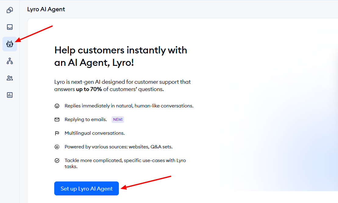 A screenshot showing Lyron AI agent setup options
