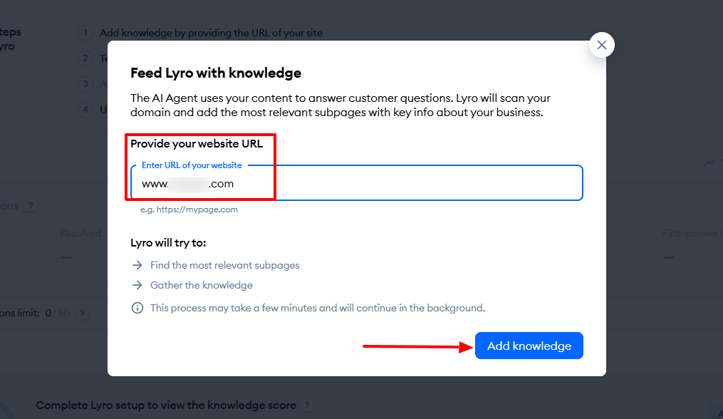 A screenshot showing website URL input for adding knowledge