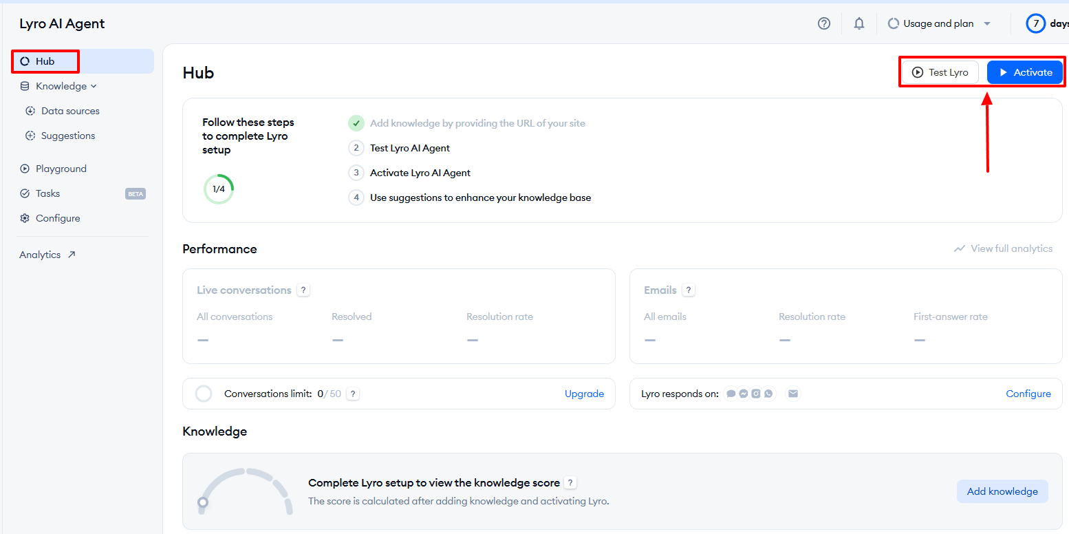 A screenshot of Lyro AI agent Hub with activate highlighted