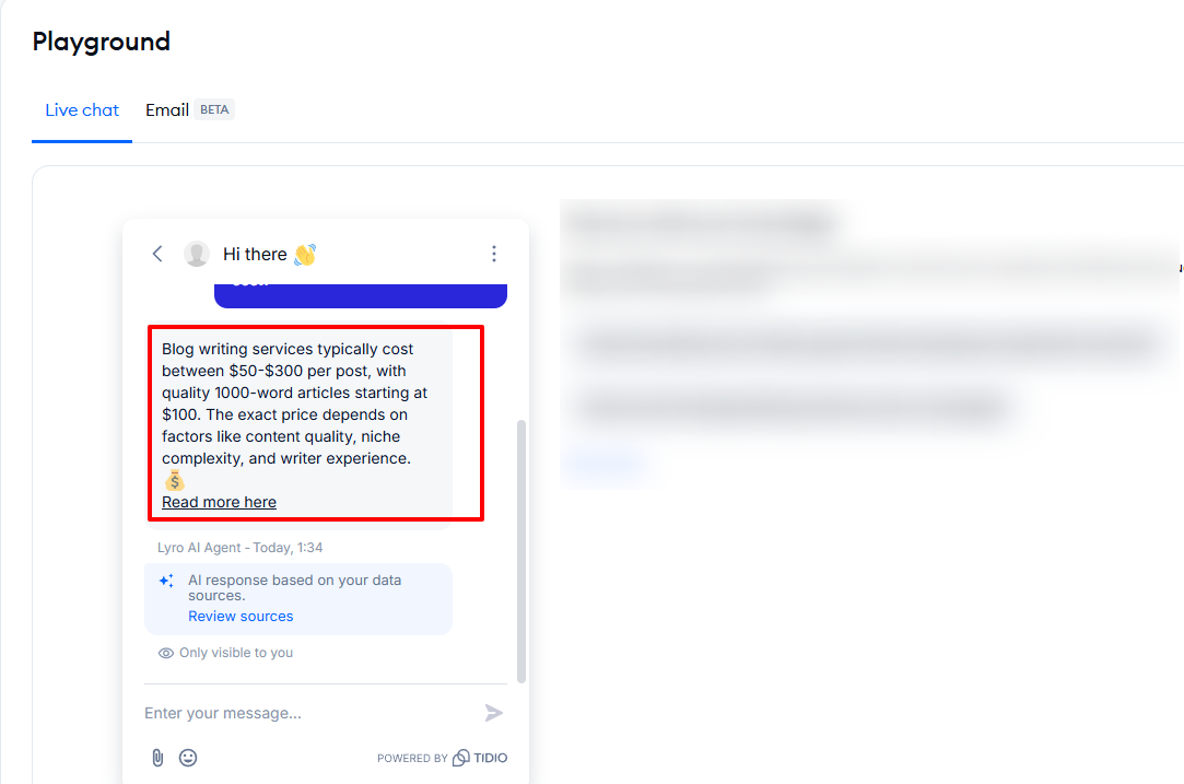 A screenshot blog writing service pricing details within a chat
