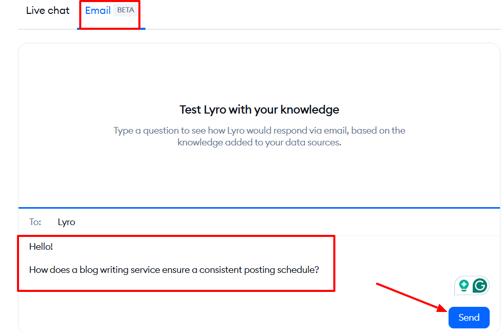 Screenshot showing an email draft asking about blog post consistency