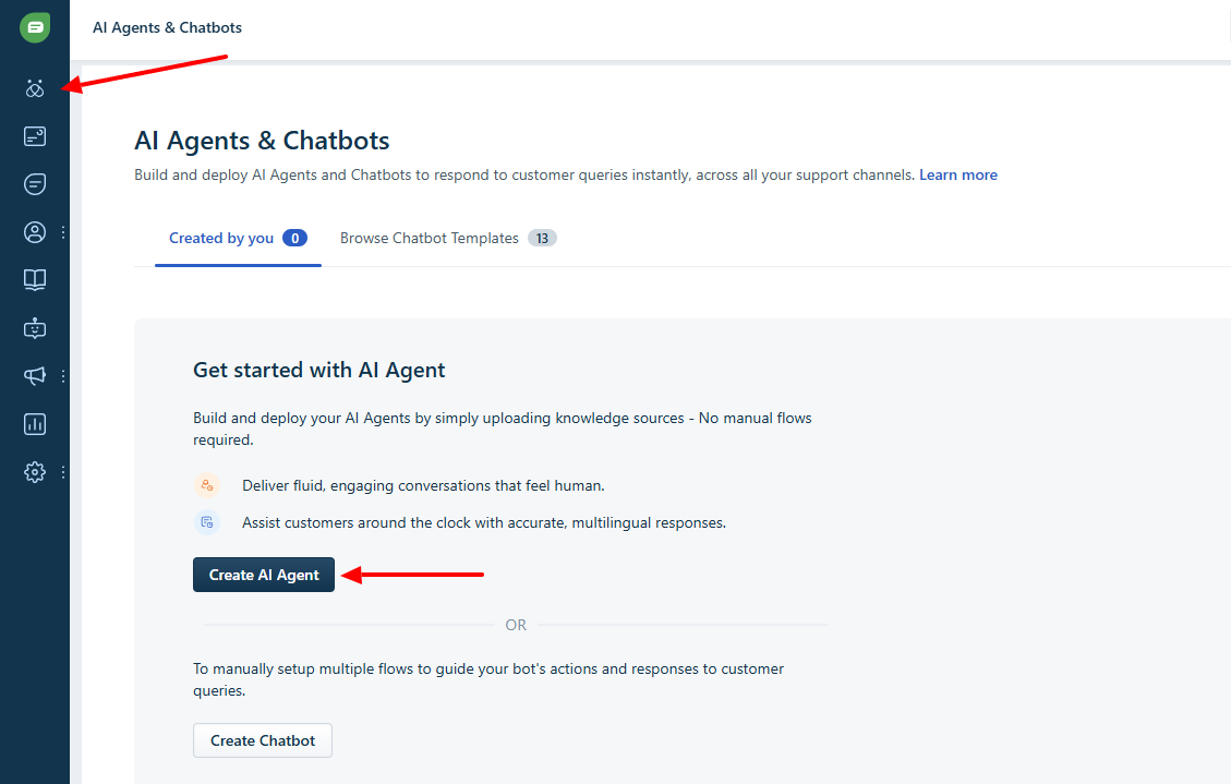 Create AI aagent button on the integration page