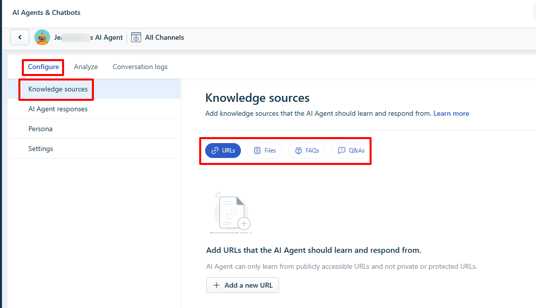 Knowledge sources for the AI agent configuration