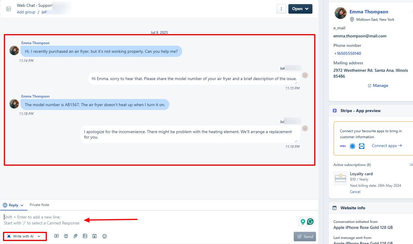 Chat conversation displaying AI customer support