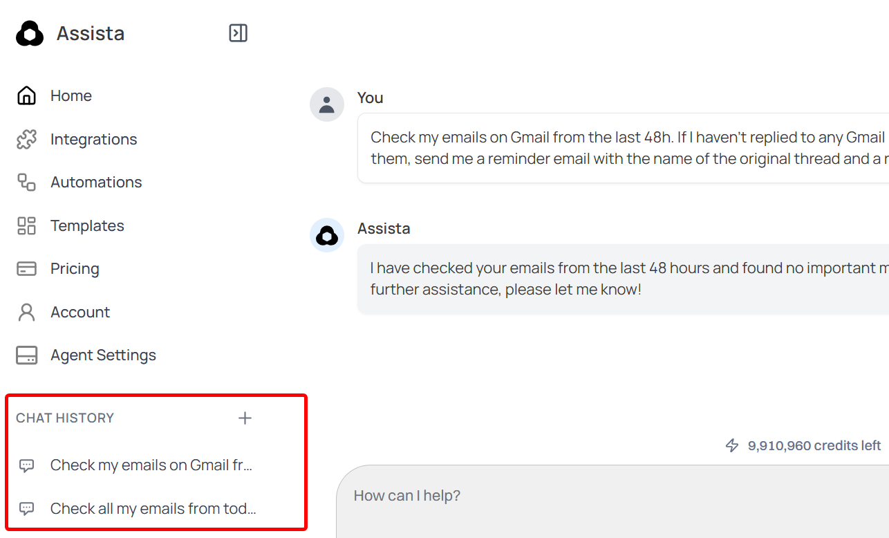 Chat history with two email-related entries