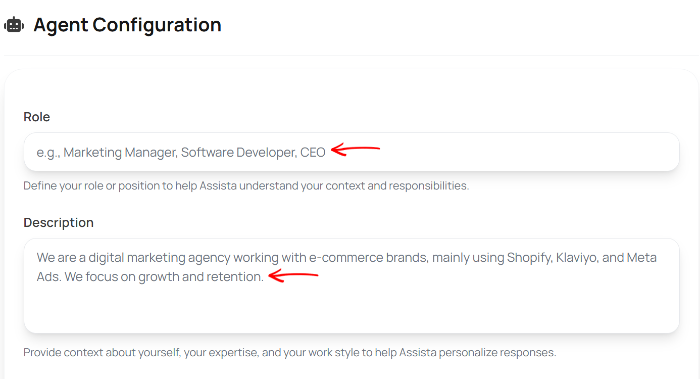AI marketing agent configuration with role and description