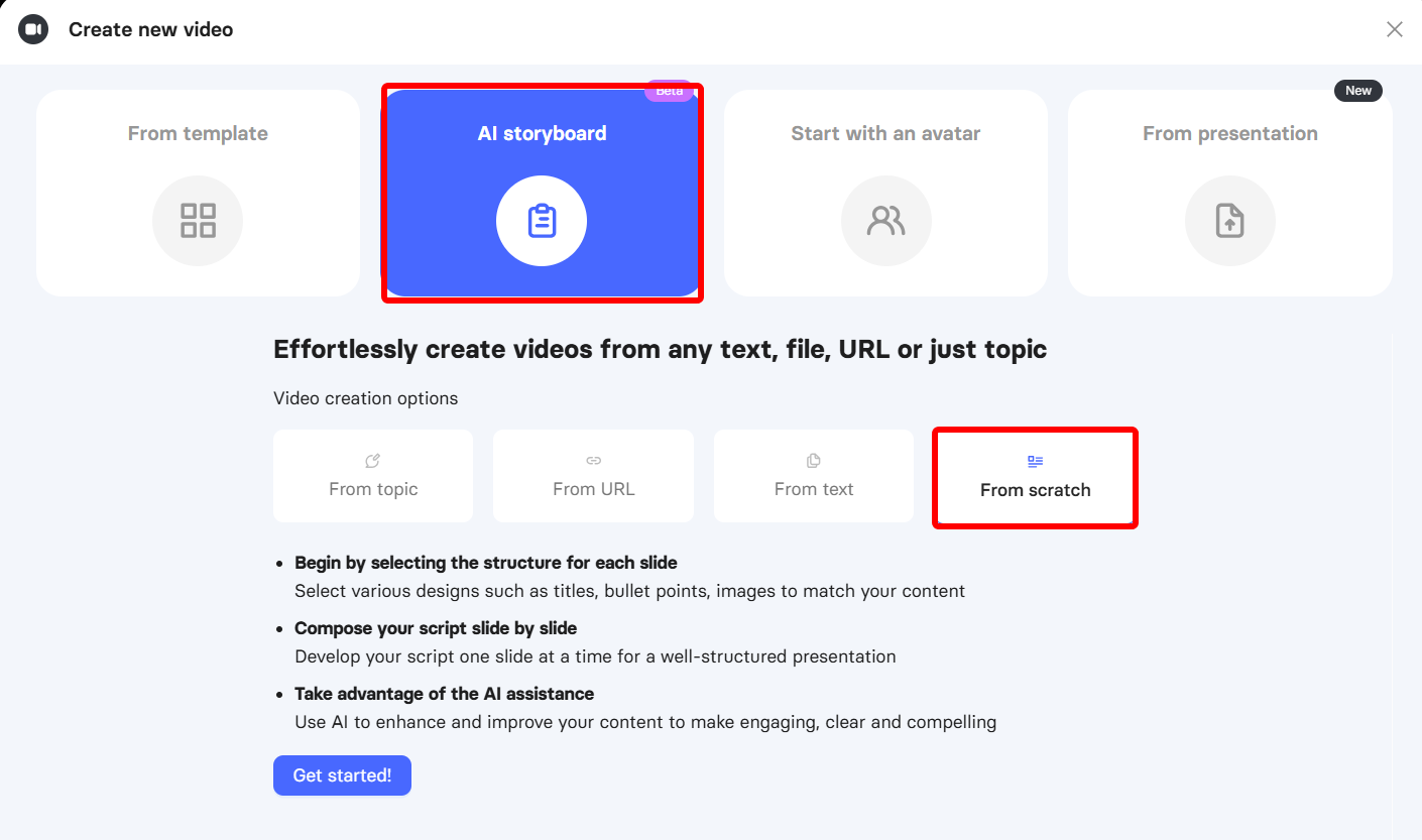 AI storyboard and from scratch options