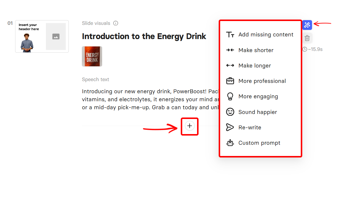 Plus button and content editing options