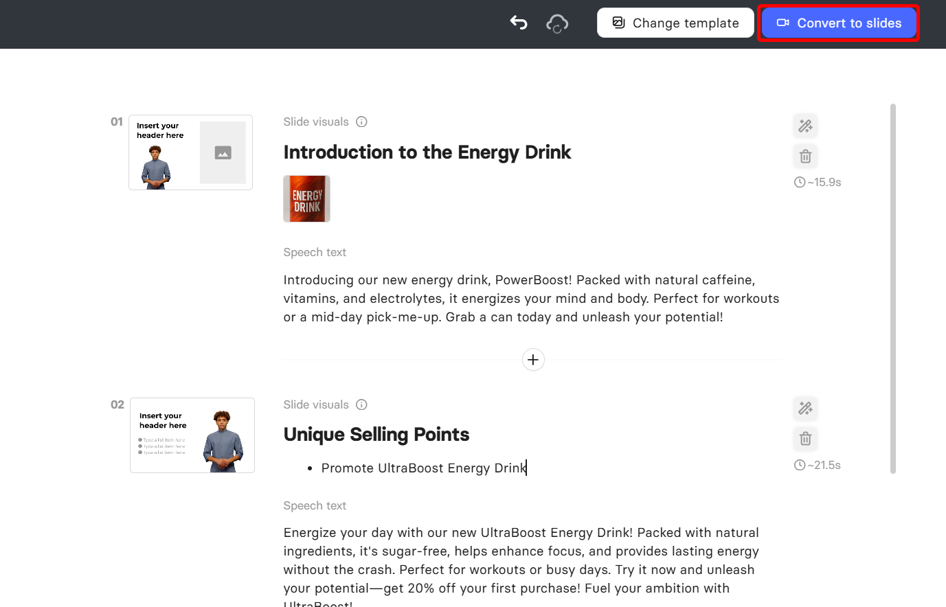 Convert to slides button on Elai.io