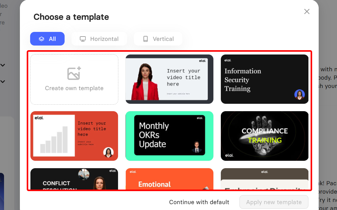 Available video templates including ''Best AI marketing agents"