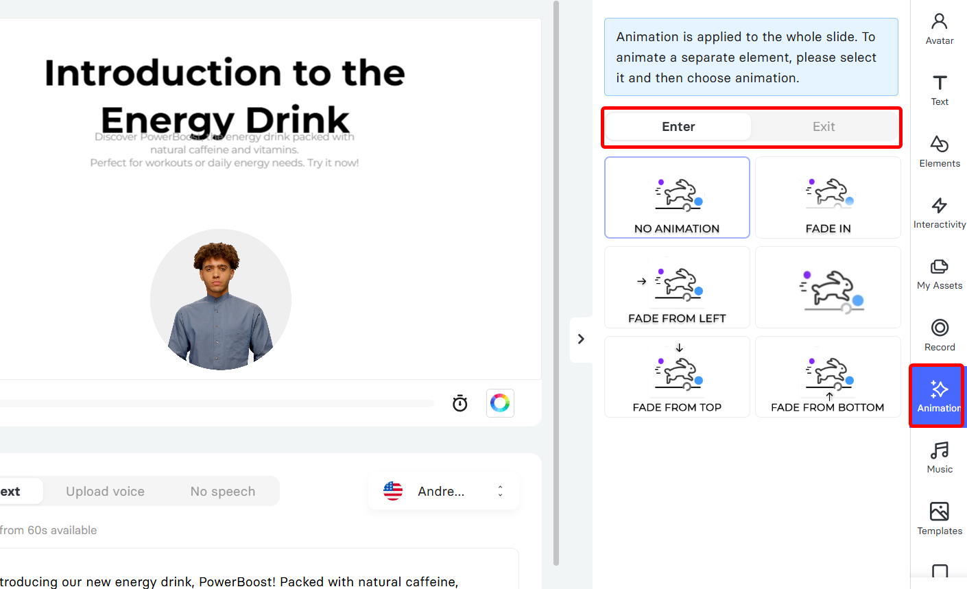 Animation tab with enter and exit options