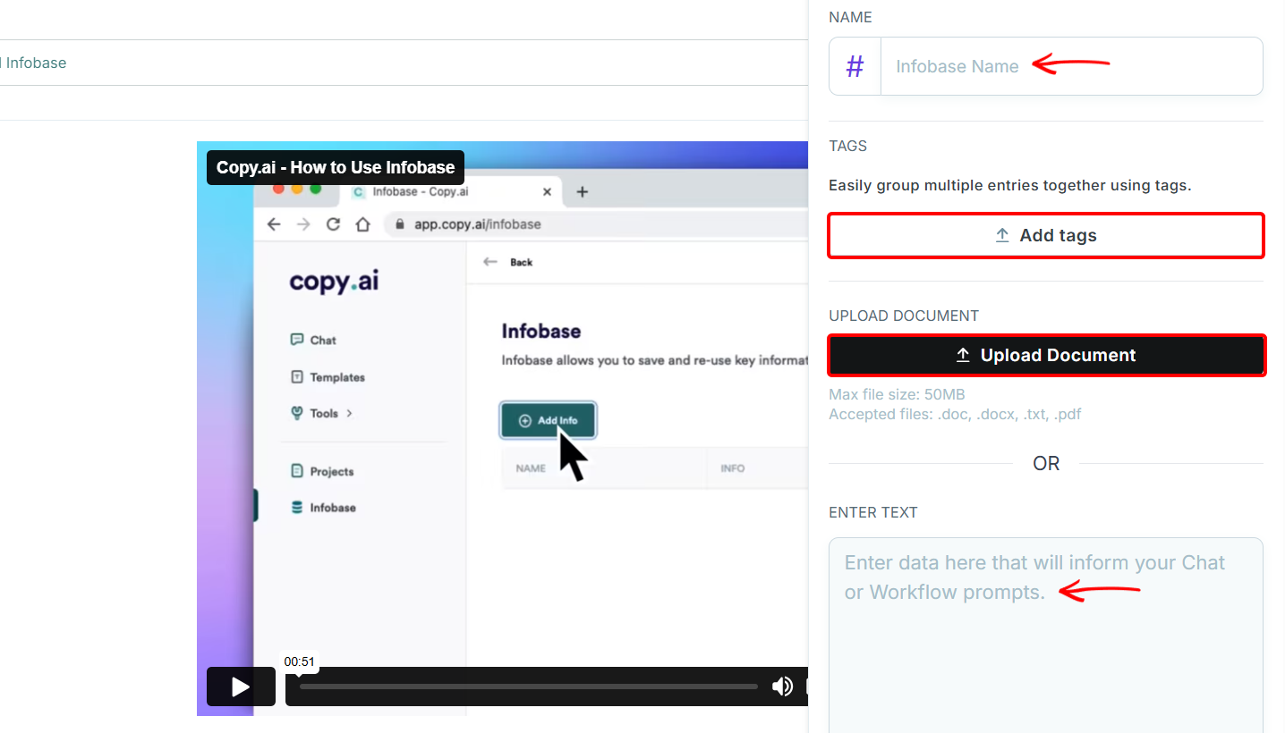 Setting up your infobase in Copy.ai