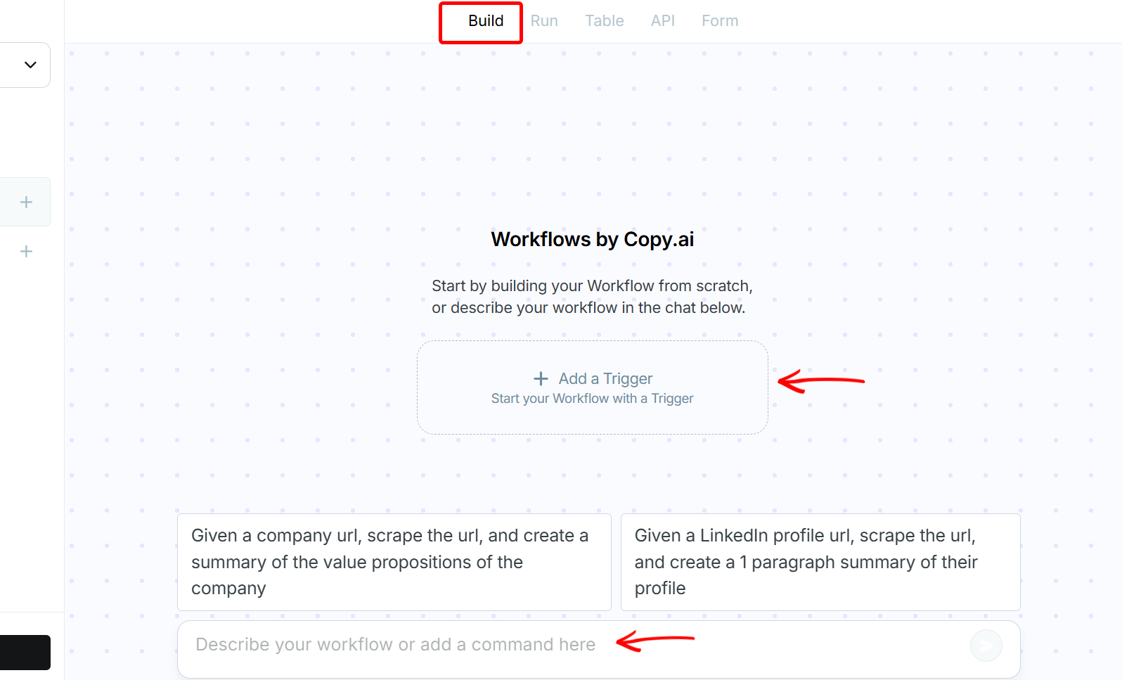Build tab for creating AI workflows