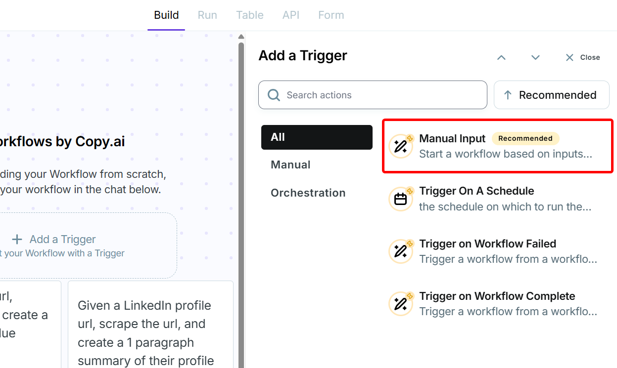 Options for starting AI workflow inputs