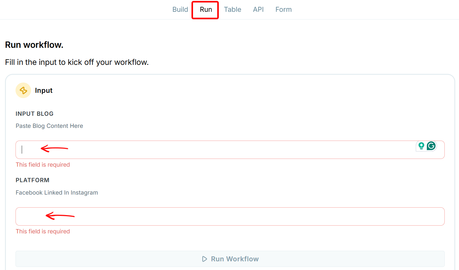 Running a workflow for blog content