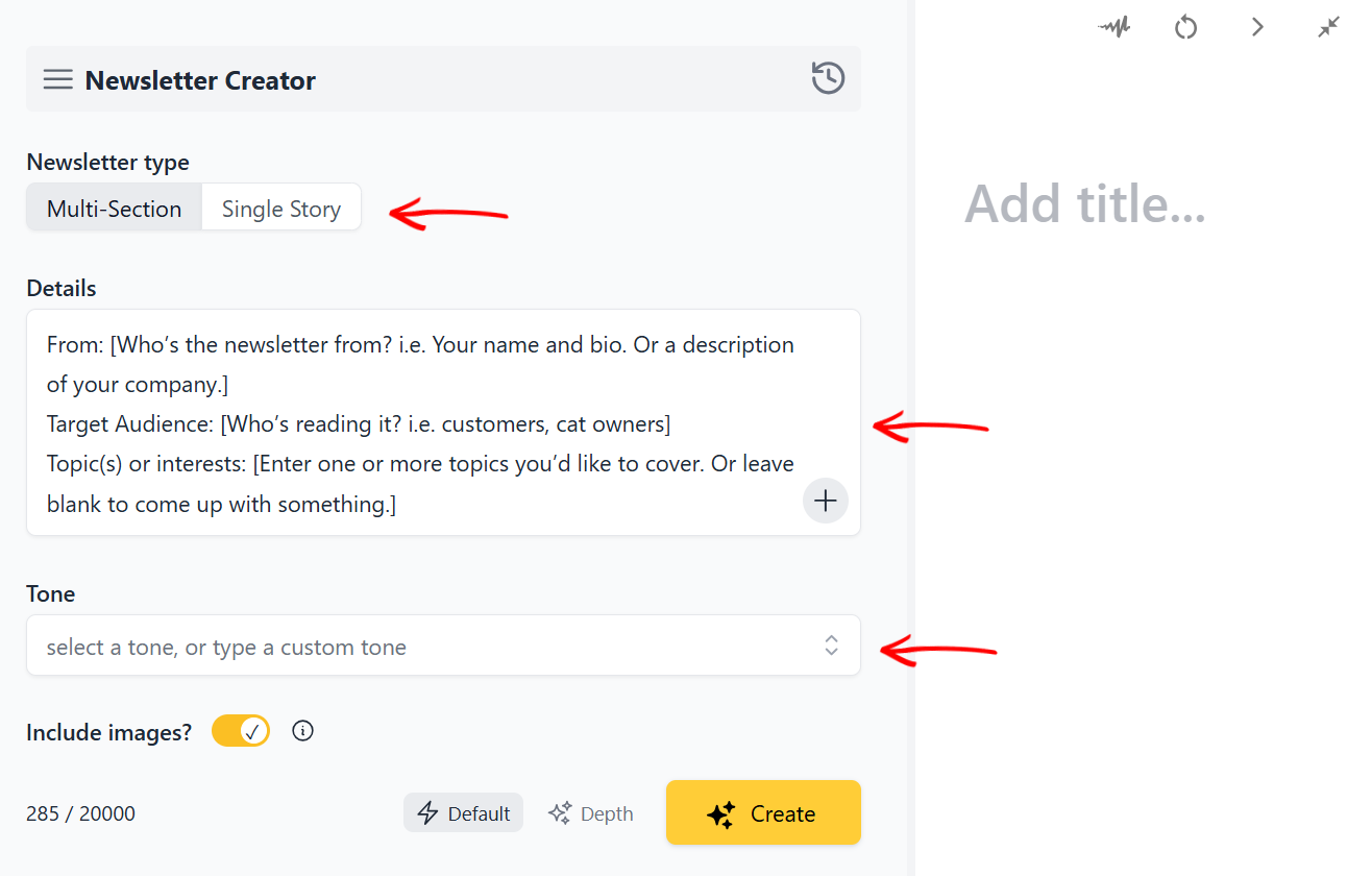 Creating a newsletter copy using AI in Hoppy Copy