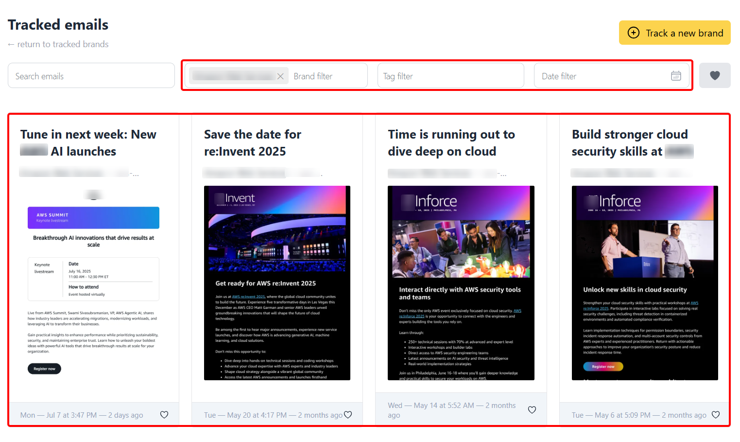 Display of tracked email campaigns