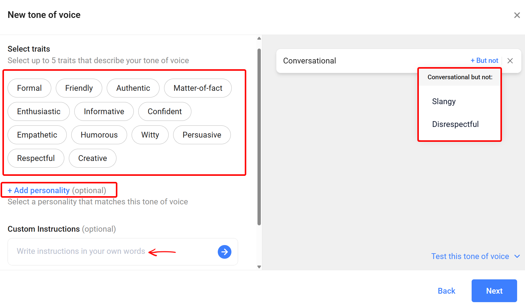 Selecting tone of voice traits for AI content