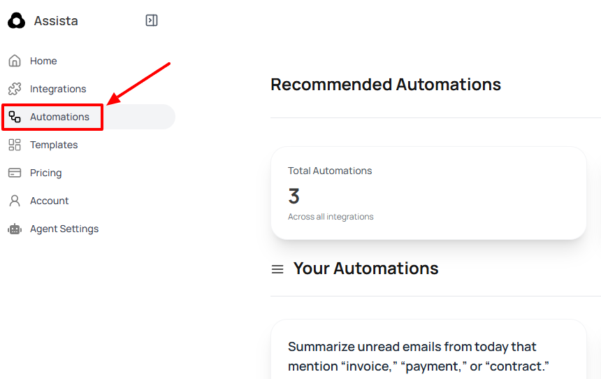 Navigating to automation in Assista AI