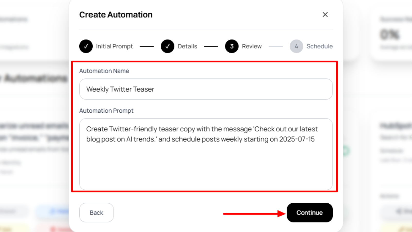 Finalizing step three of the automation prompt creation process