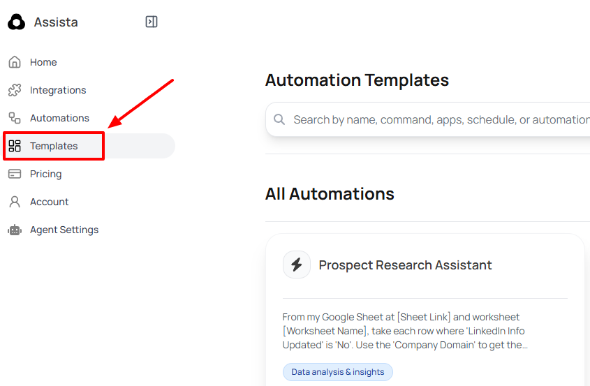 Selecting Assista AI automation Templates