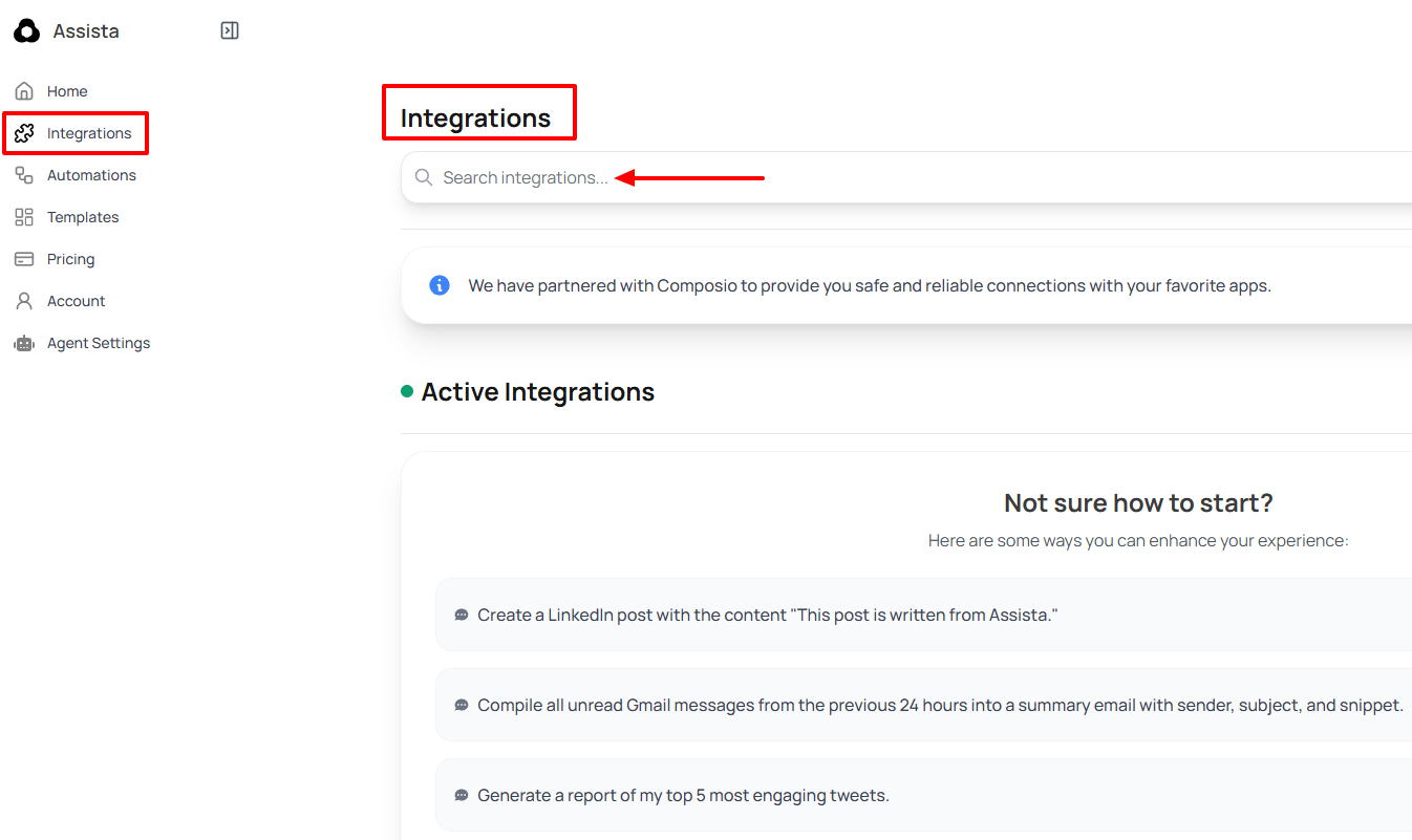 Assista AI integrations page highlighted