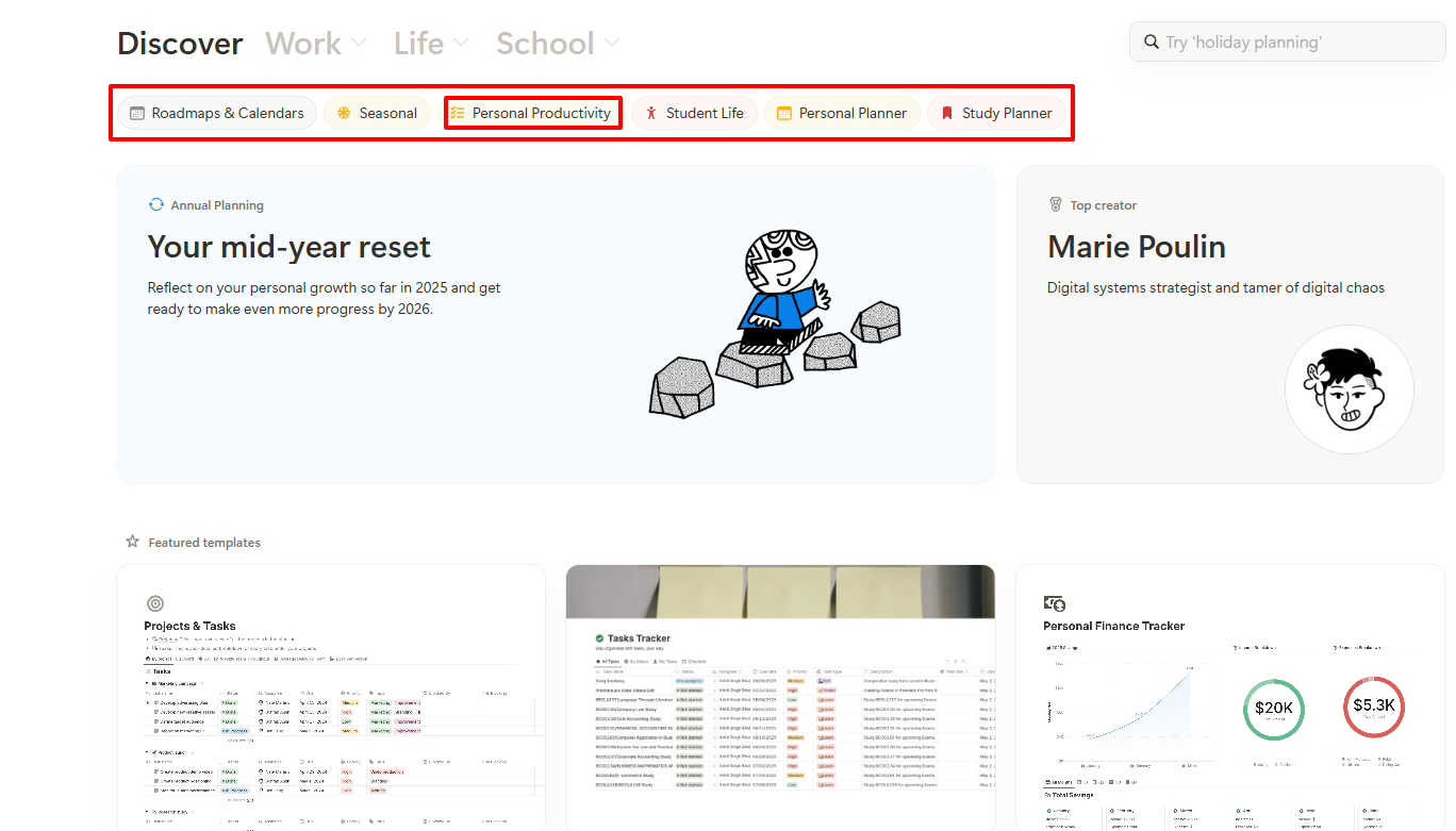 Screenshots from Notion's template gallery