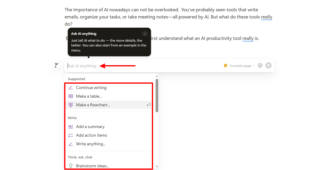 Options to ''Ask AI anything'' or continue writing