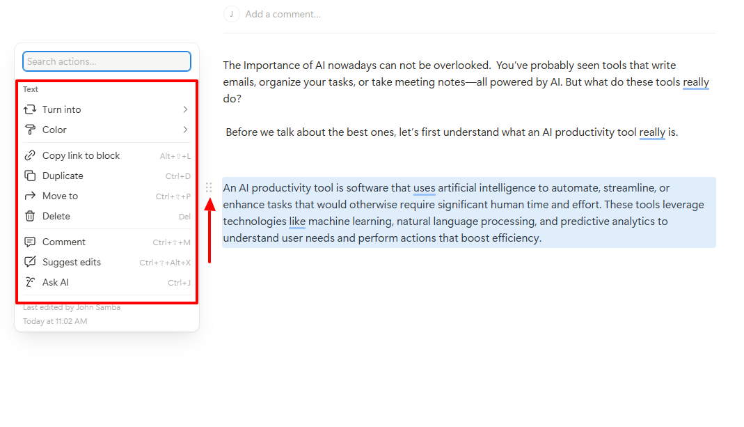 Editing options including ''Ask AI'' for content