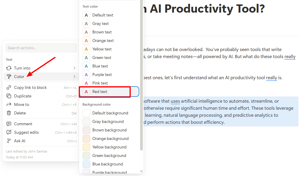 Screenshot showing text color options with ''Red text'' selected