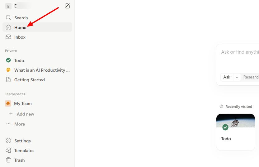 Home navigation item selected in a menu