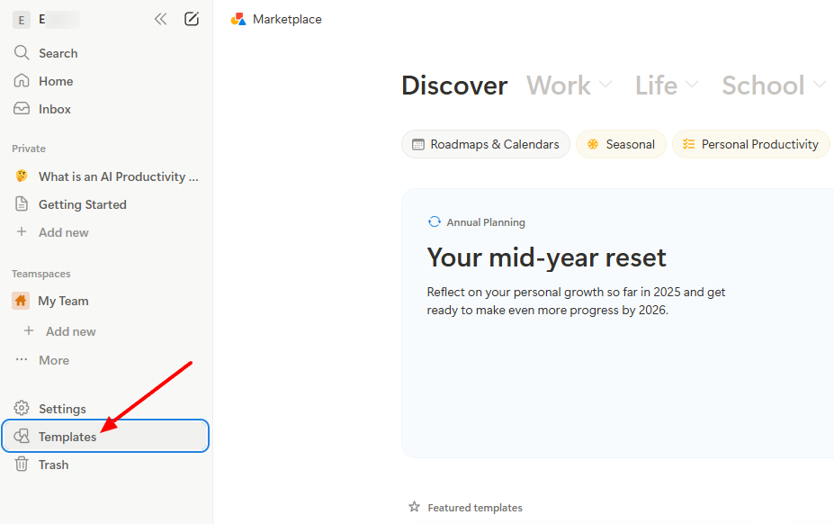 Screenshot showing Notion's templates