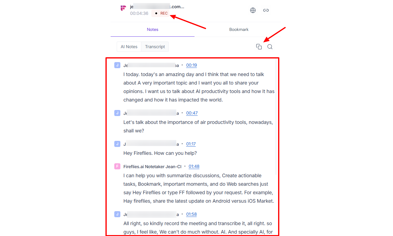 Transcription and search for meeting notes