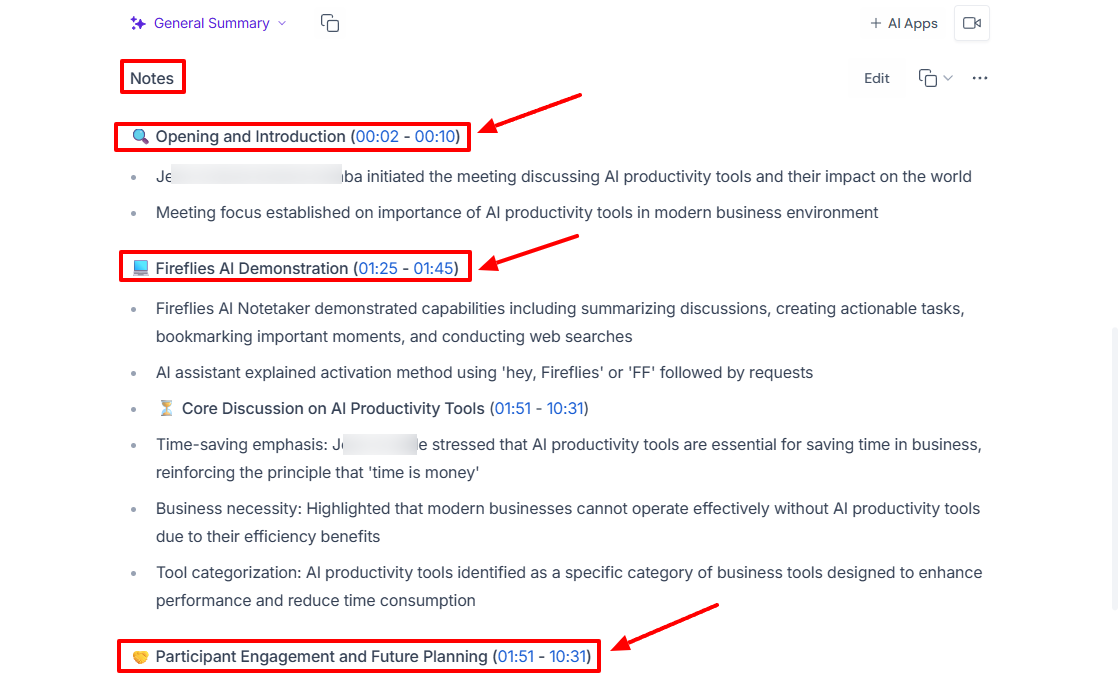 Meeting notes with time-stamped sections