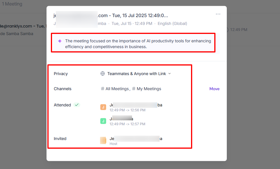 Navigation panel showing ''my meetings'' selected