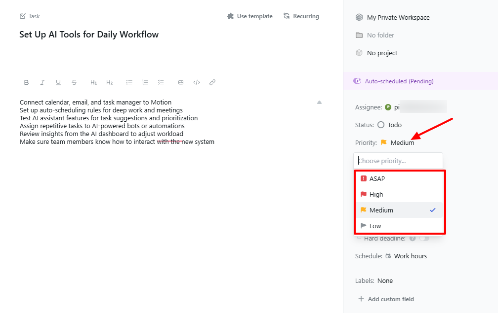 Settings task priority in Motion.ai