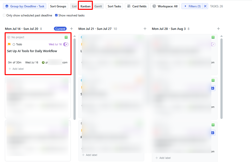 Kanban view for daily workflow tasks