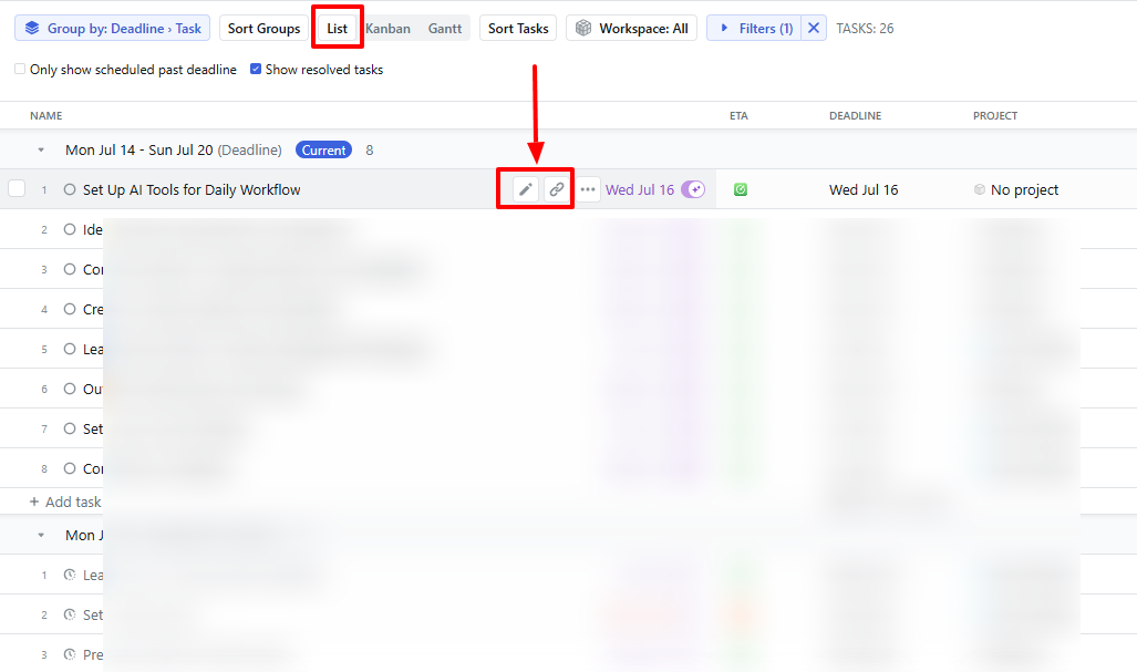 Daily task view with editing options